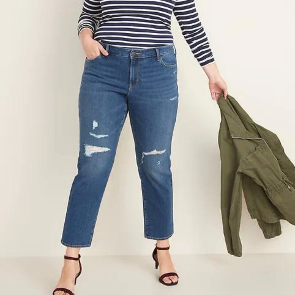 New Mid-Rise Power Slim Straight Distressed Jeans - Picture 1 of 6